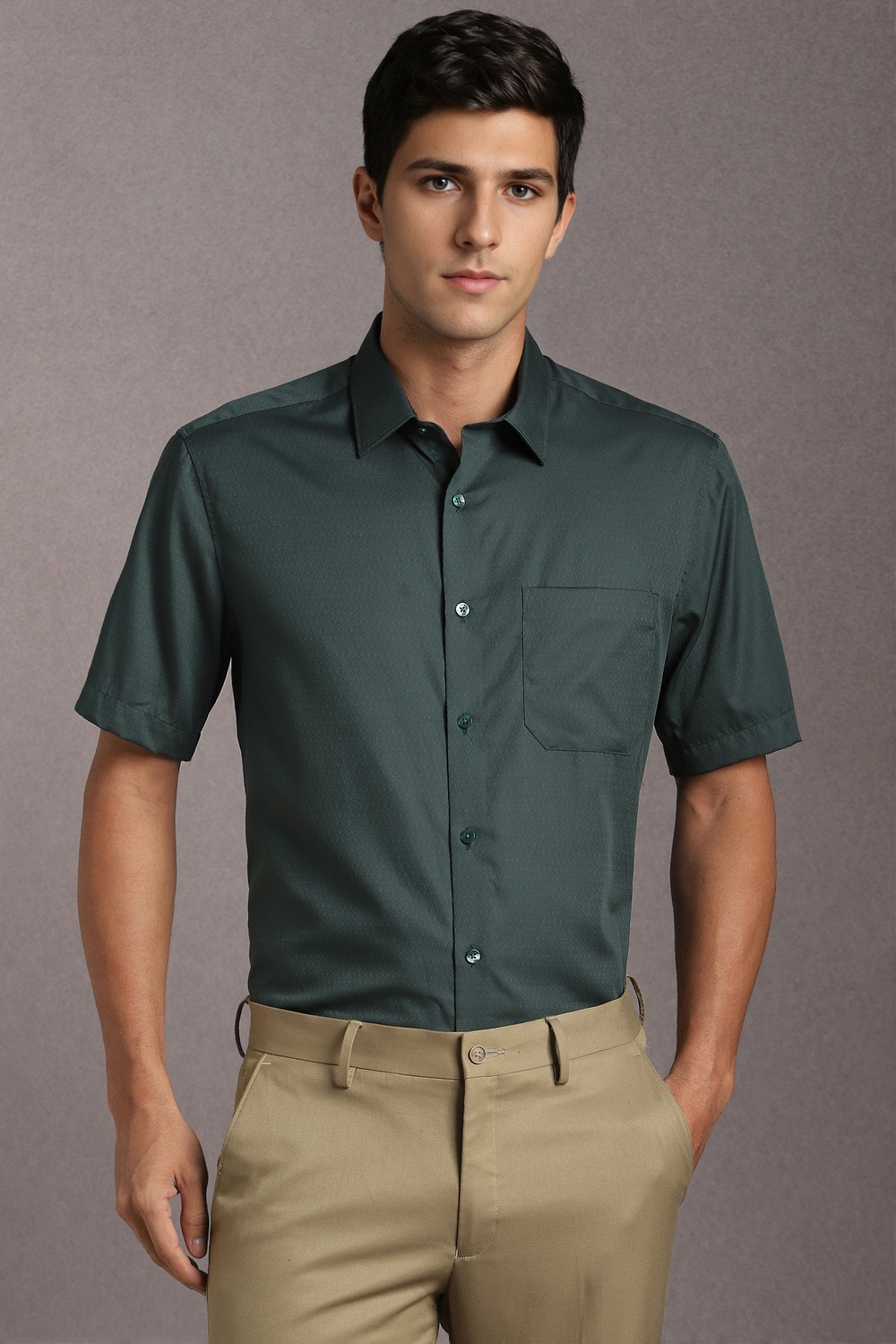 Men Green Textured Half Sleeves Formal Shirt-Green