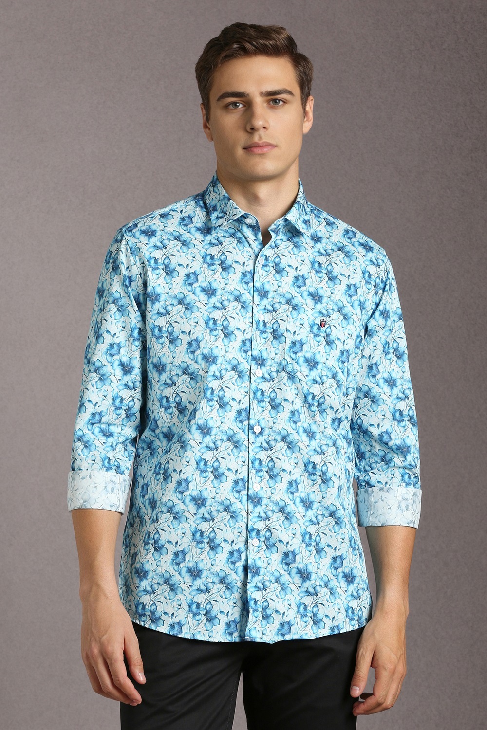 Men Light Blue Print Full Sleeves Casual Shirt-Light Blue