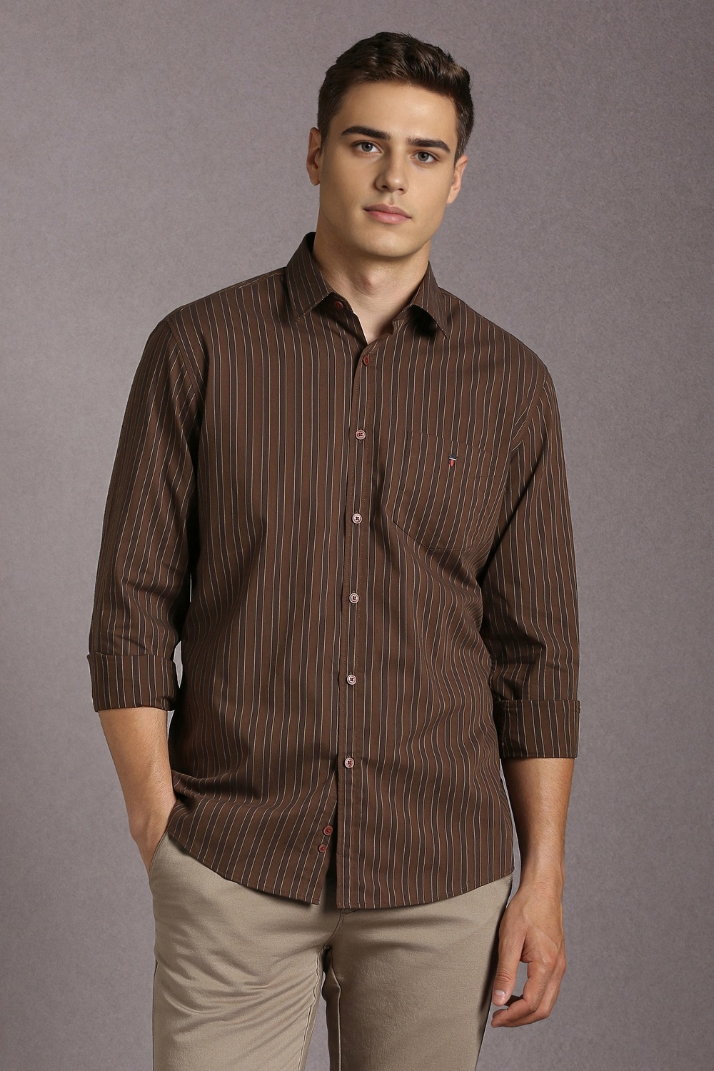 Men Brown Stripe Full Sleeves Casual Shirt-Brown