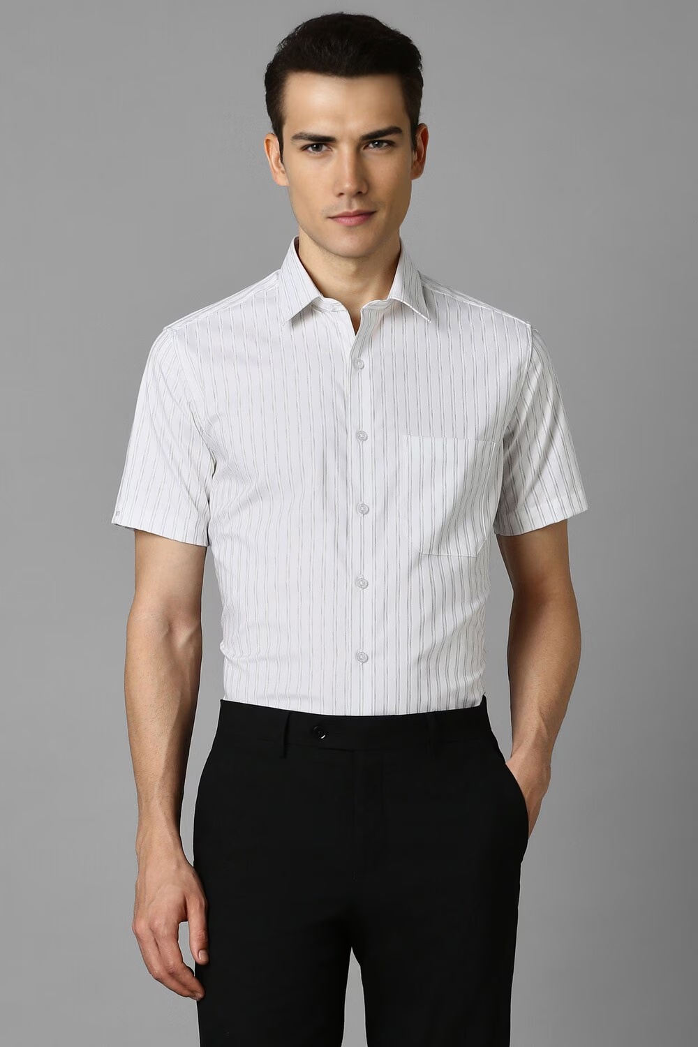 Men White Slim Fit Stripe Half Sleeves Formal Shirt-White