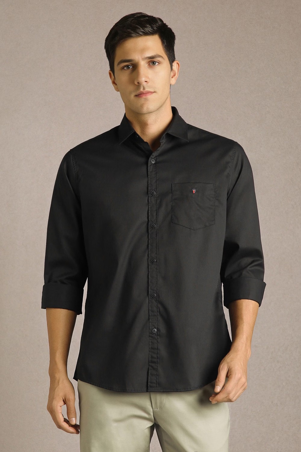 Men Black Solid Full Sleeves Casual Shirt-Black