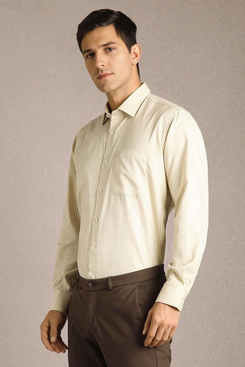 Men Beige Check Full Sleeves Formal Shirt-Beige