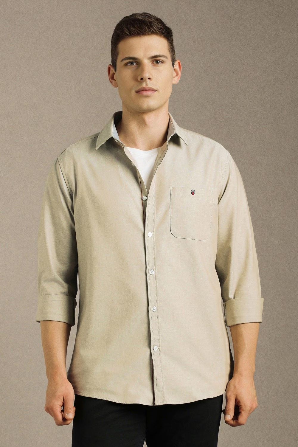 Men Beige Solid Full Sleeves Casual Shirt-Beige