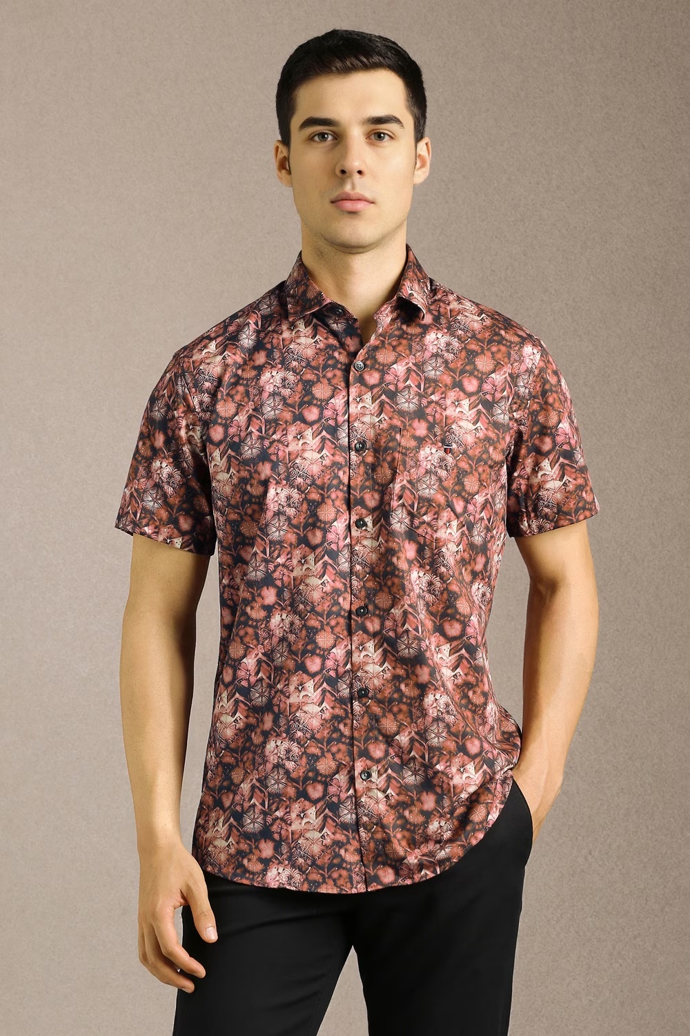 Men Red Print Half Sleeves Casual Shirt-Red