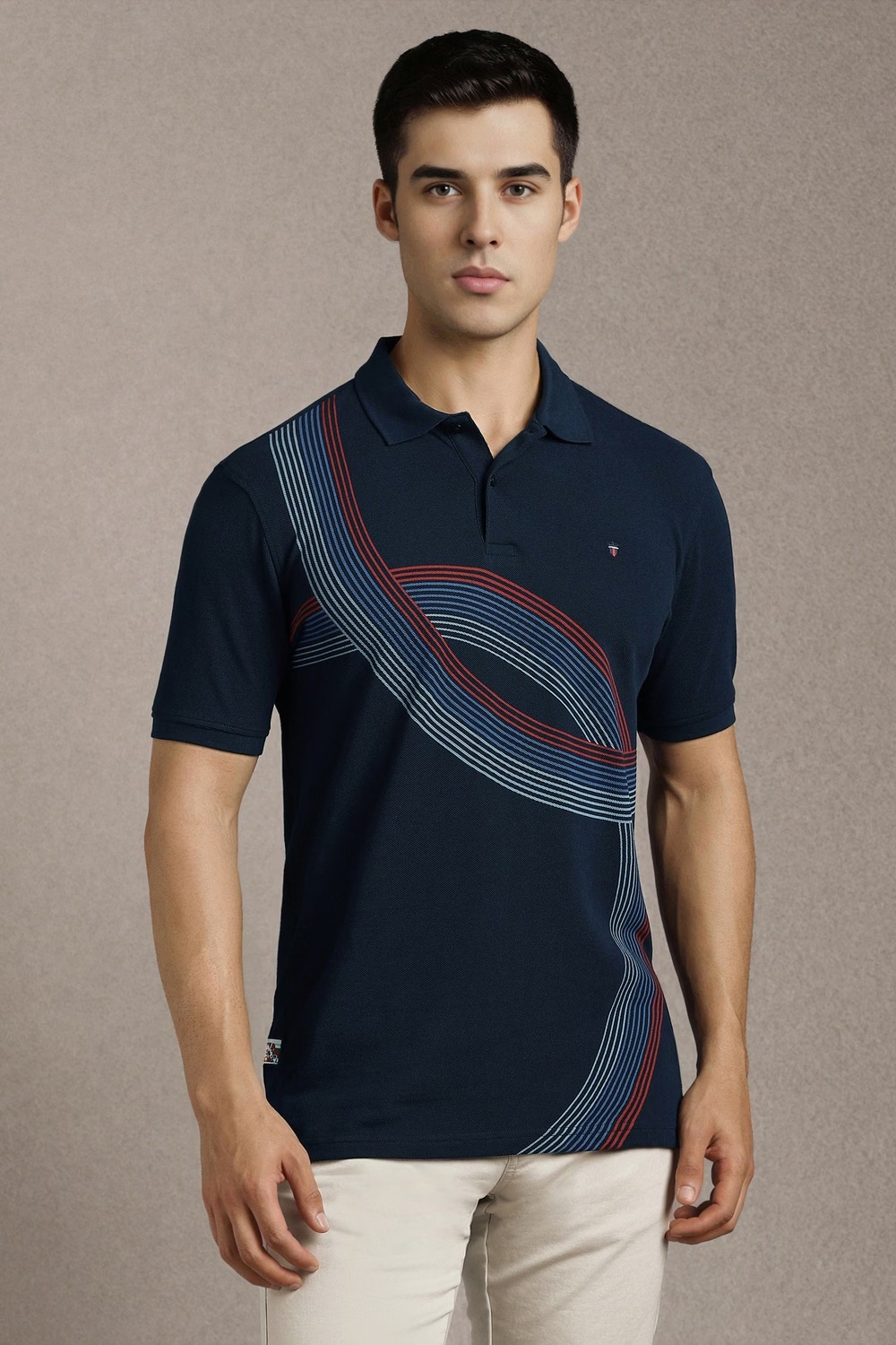 Men Navy Patterned Polo Neck T-shirt-Navy