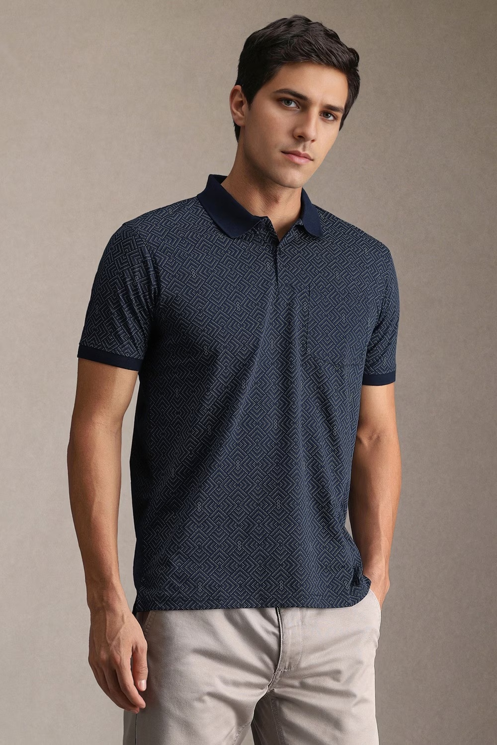 Men Navy Print Polo Neck T-shirt-Navy