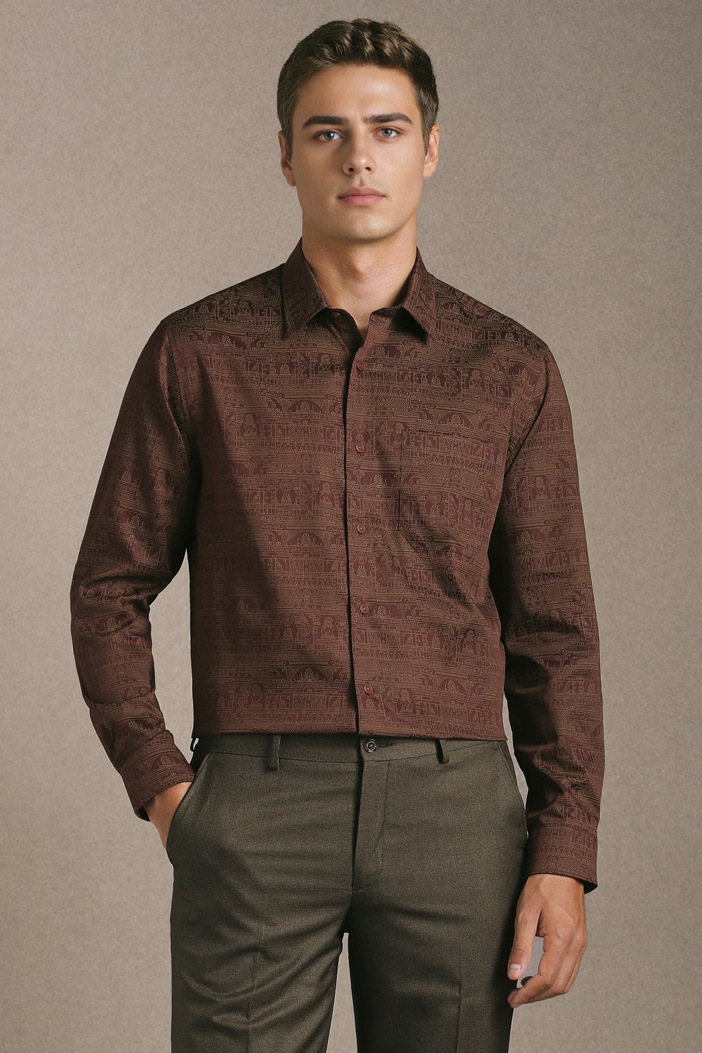Men Brown Print Full Sleeves Formal Shirt-Brown