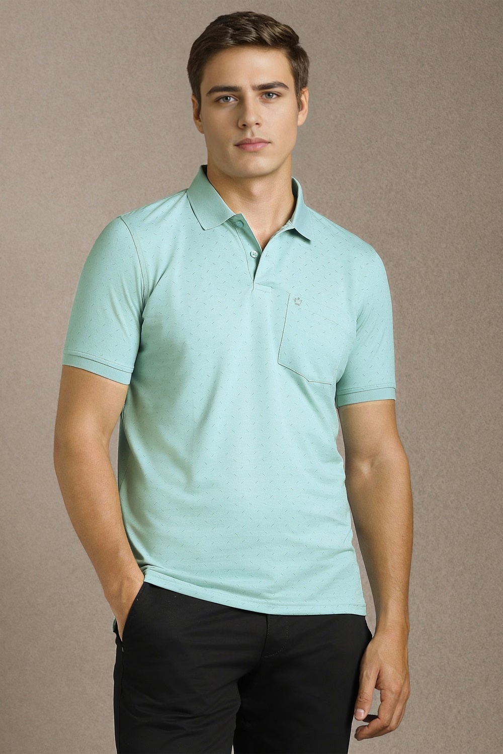 Men Green Textured Polo Neck T-shirt-Green