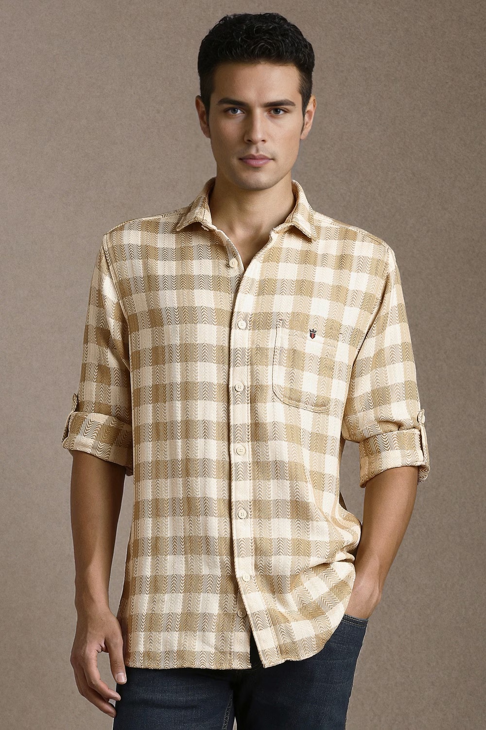 Men Beige Check Full Sleeves Casual Shirt-Beige