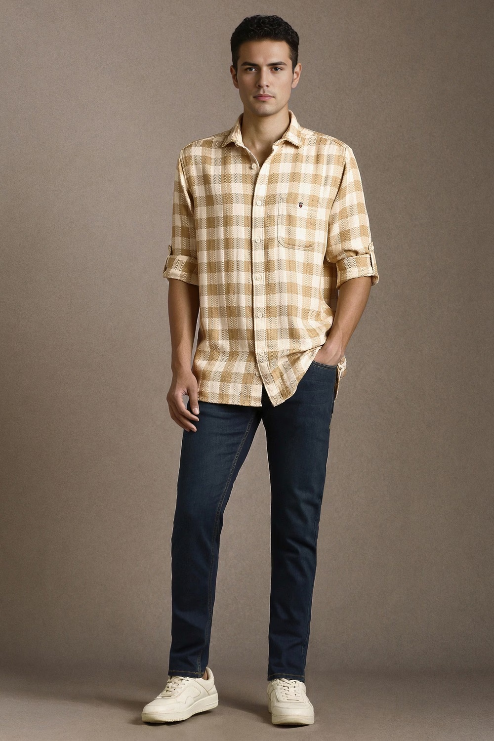 Men Beige Check Full Sleeves Casual Shirt-Beige