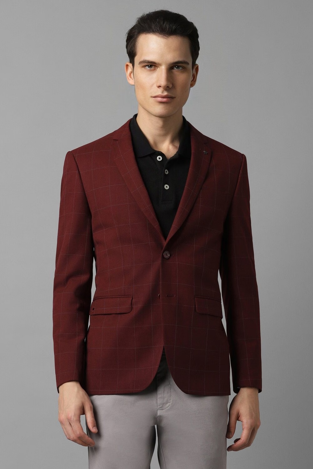 Men Maroon Slim Fit Check Formal Blazer-Maroon