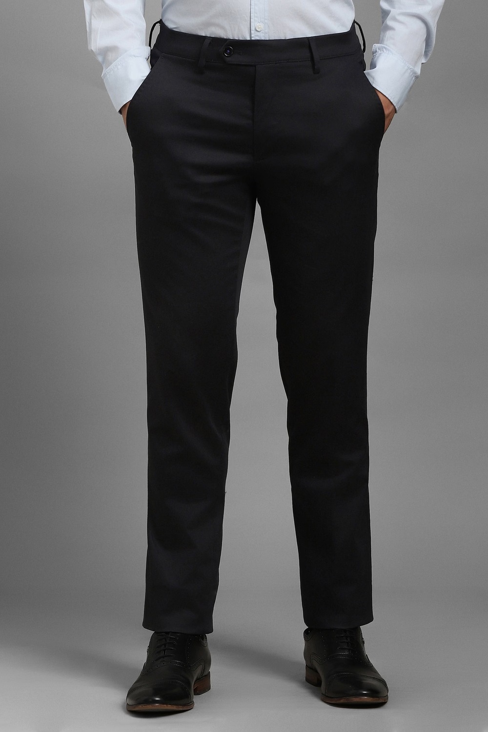 Men Black Solid Flat Front Formal Trousers-Black