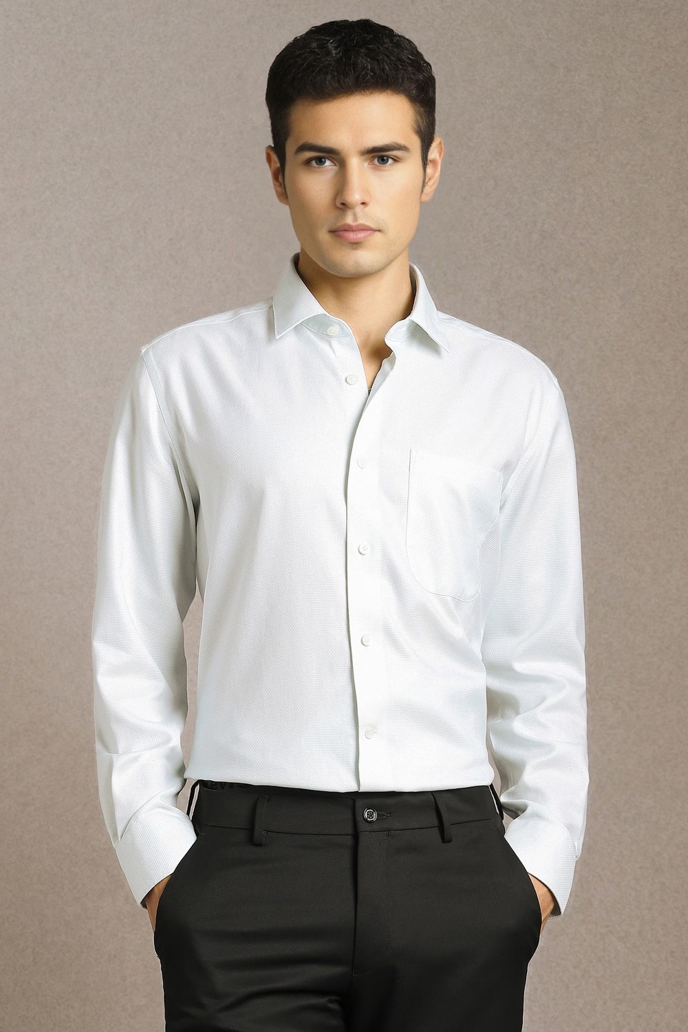 Men White Textured Full Sleeves Formal Shirt-White