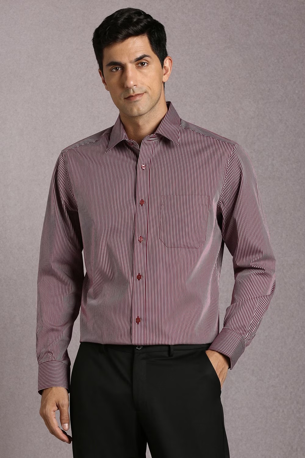 Men Maroon Stripe Full Sleeves Formal Shirt-Maroon