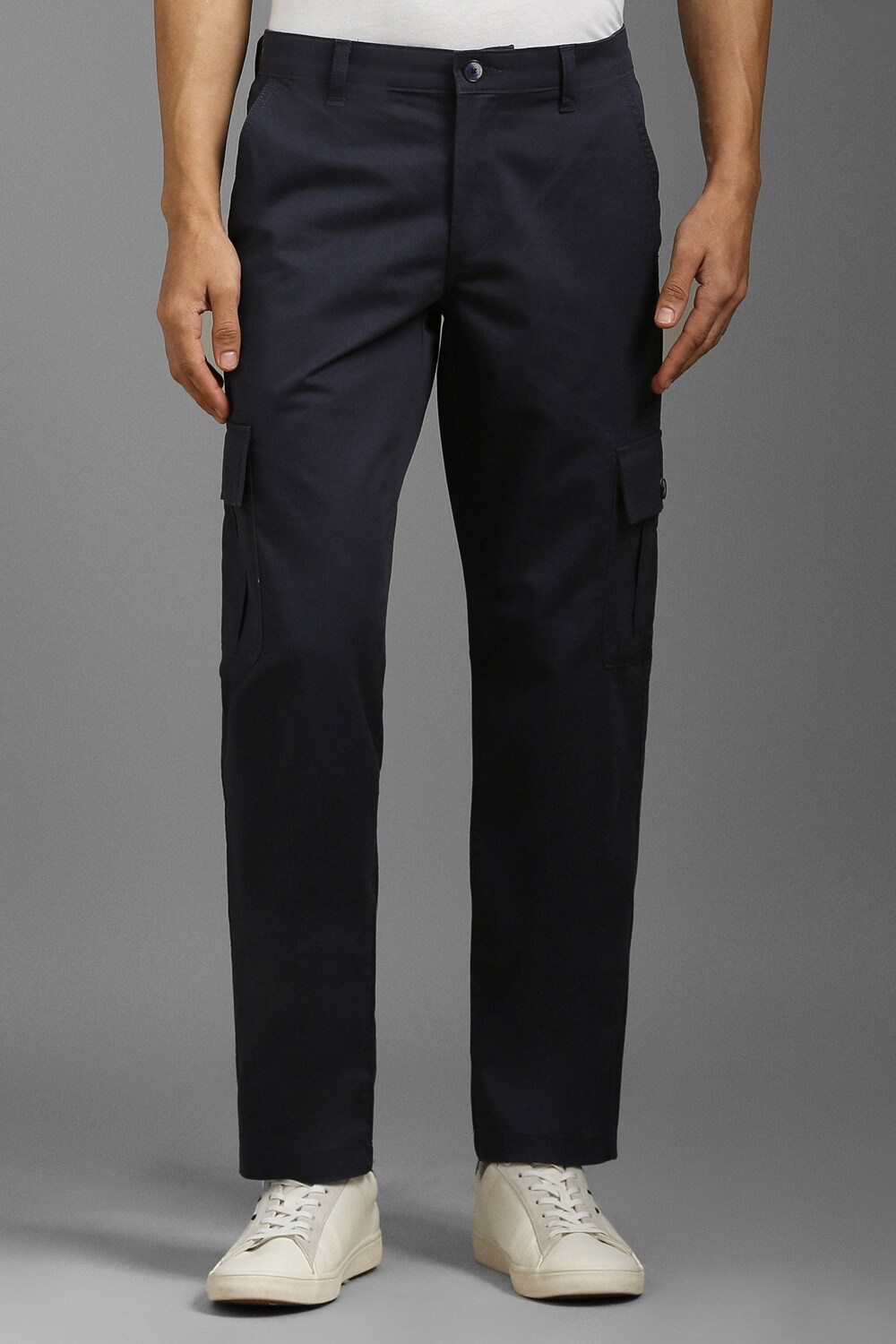 Men Navy Contemporary Fit Solid Flat Front Casual Trousers-Navy