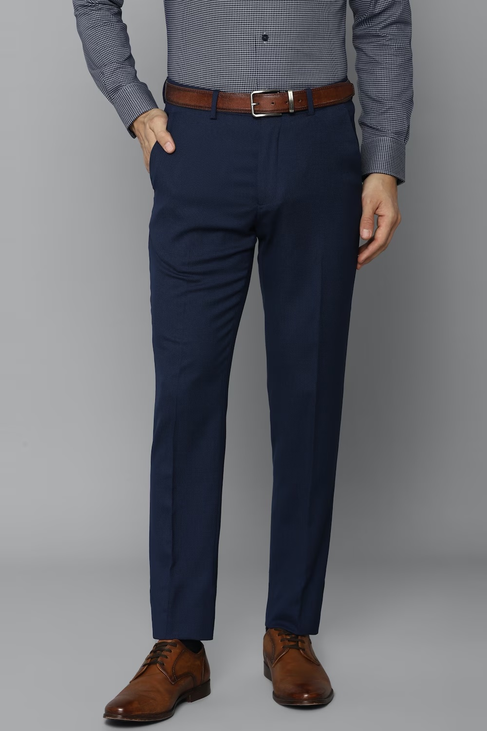 Men Navy Slim Fit Solid Flat Front Formal Trousers-Navy