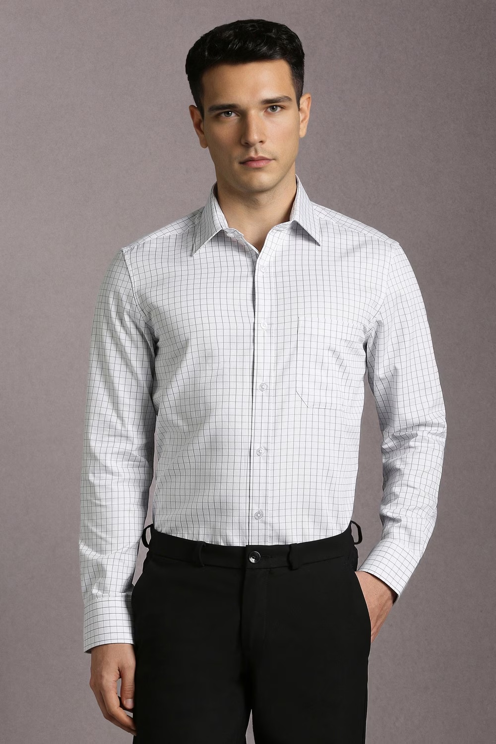 Men White Check Full Sleeves Formal Shirt-White