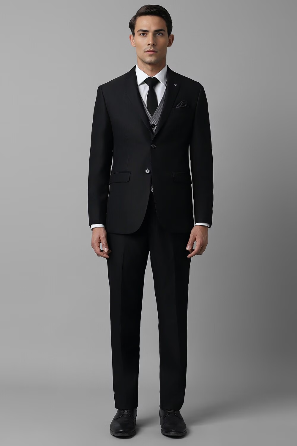 Men Black Slim Fit Textured Formal Three Piece Suit-Black