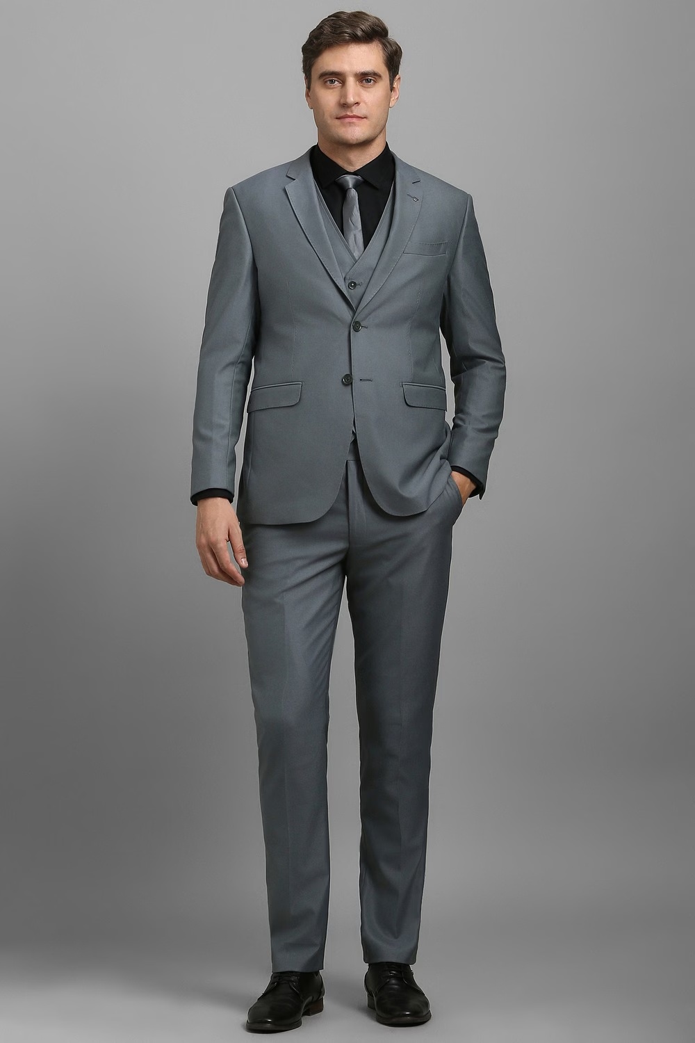 Men Grey Solid Formal Three Piece Suit-Grey