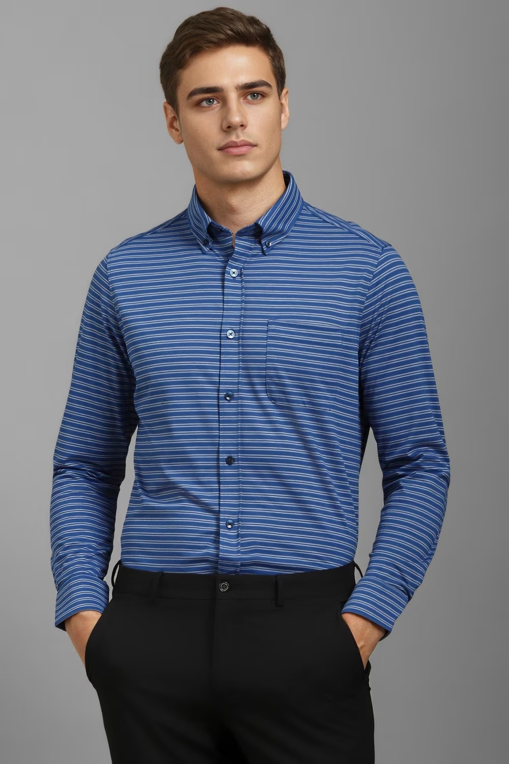 Men Blue Slim Fit Stripe Full Sleeves Formal Shirt-Blue