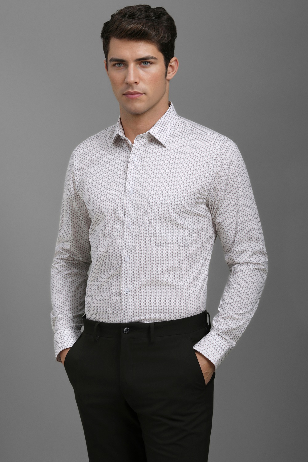 Men White Slim Fit Print Full Sleeves Formal Shirt-White