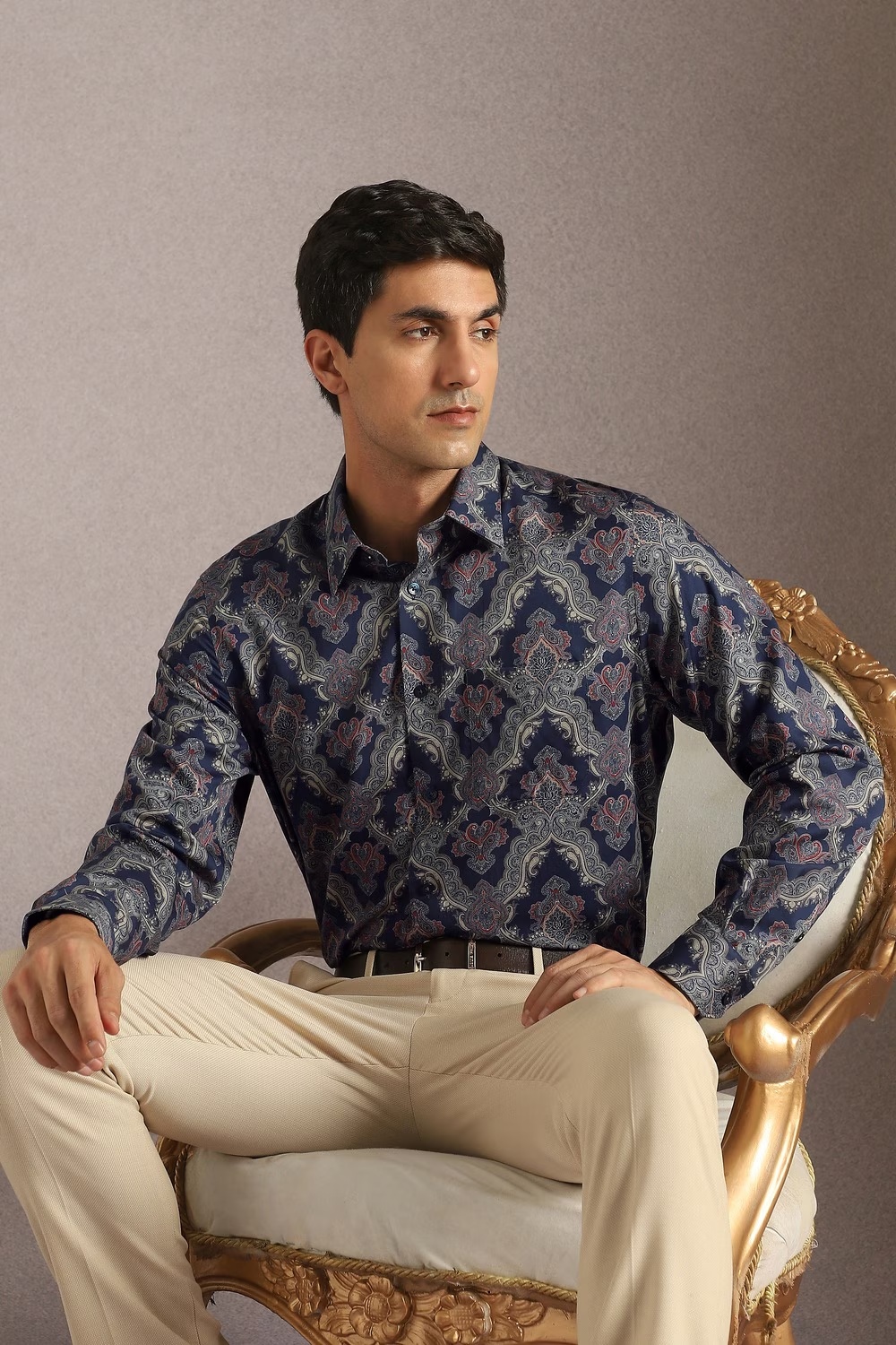 Men Navy Classic Fit Print Full Sleeves Formal Shirt-Navy