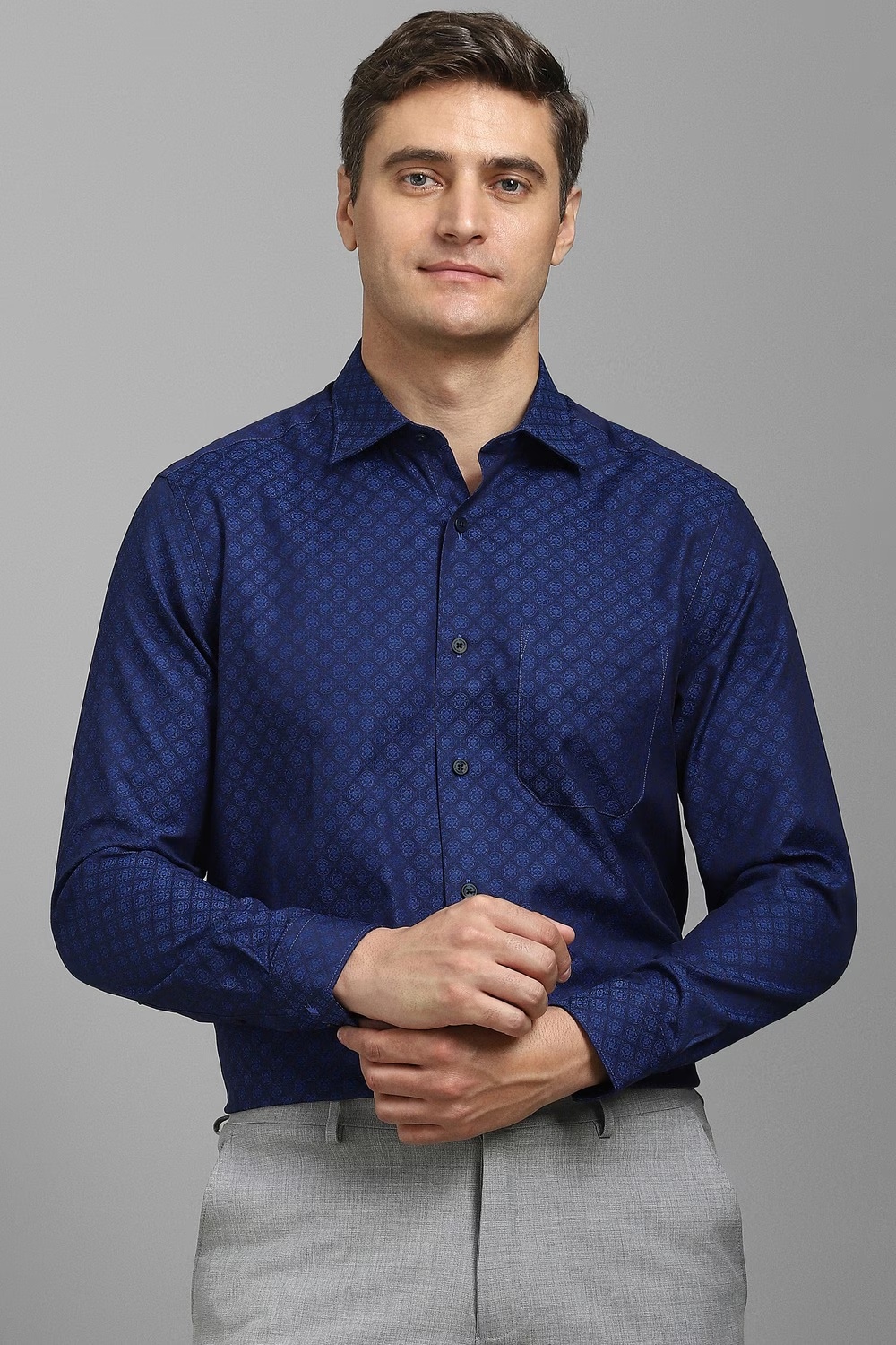 Men Navy Print Full Sleeves Formal Shirt-Navy