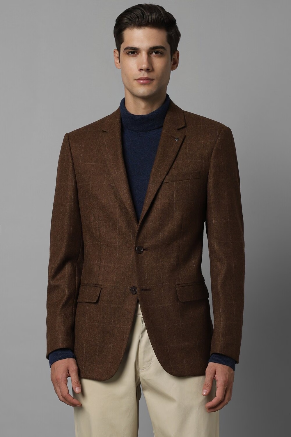 Men Brown Regular Fit Check Formal Blazer-Brown