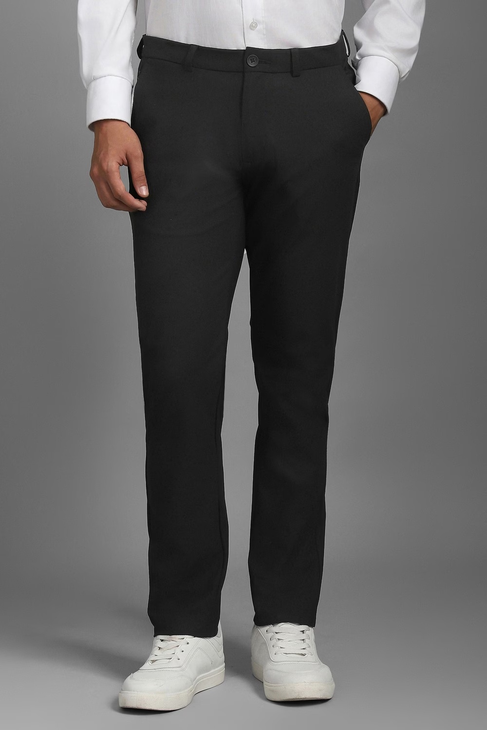 Men Black Solid Flat Front Casual Trousers-Black