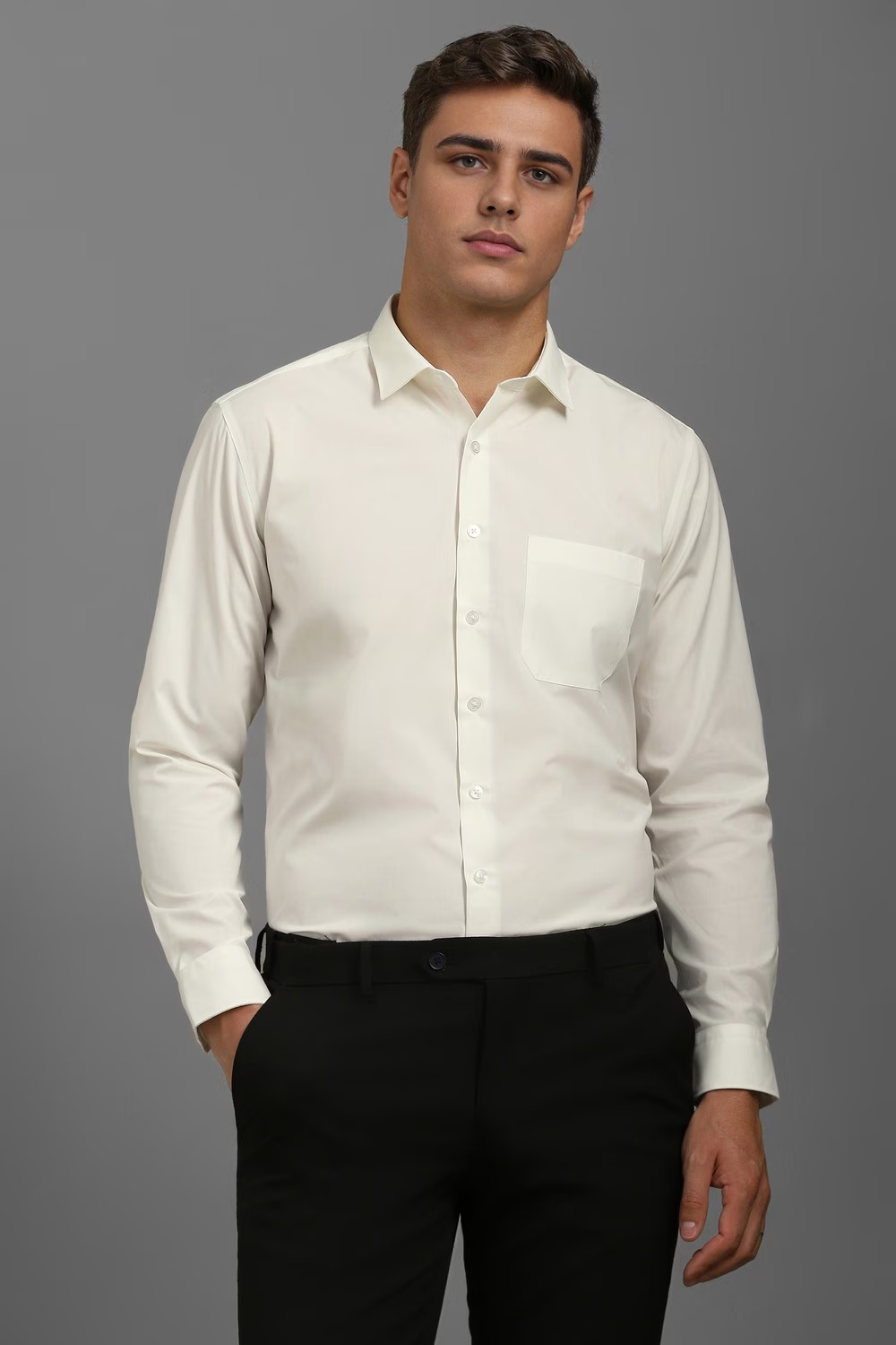 Men Cream Slim Fit Solid Full Sleeves Formal Shirt-Cream