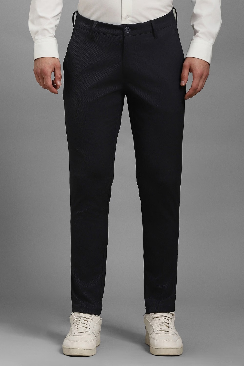 Men Black Textured Flat Front Casual Trousers-Black