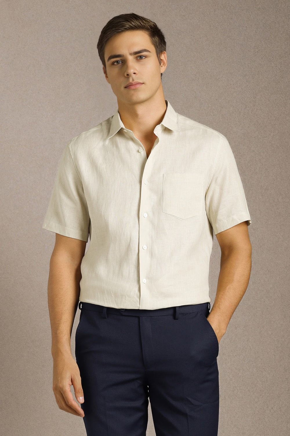Men Beige Textured Half Sleeves Formal Shirt-Beige