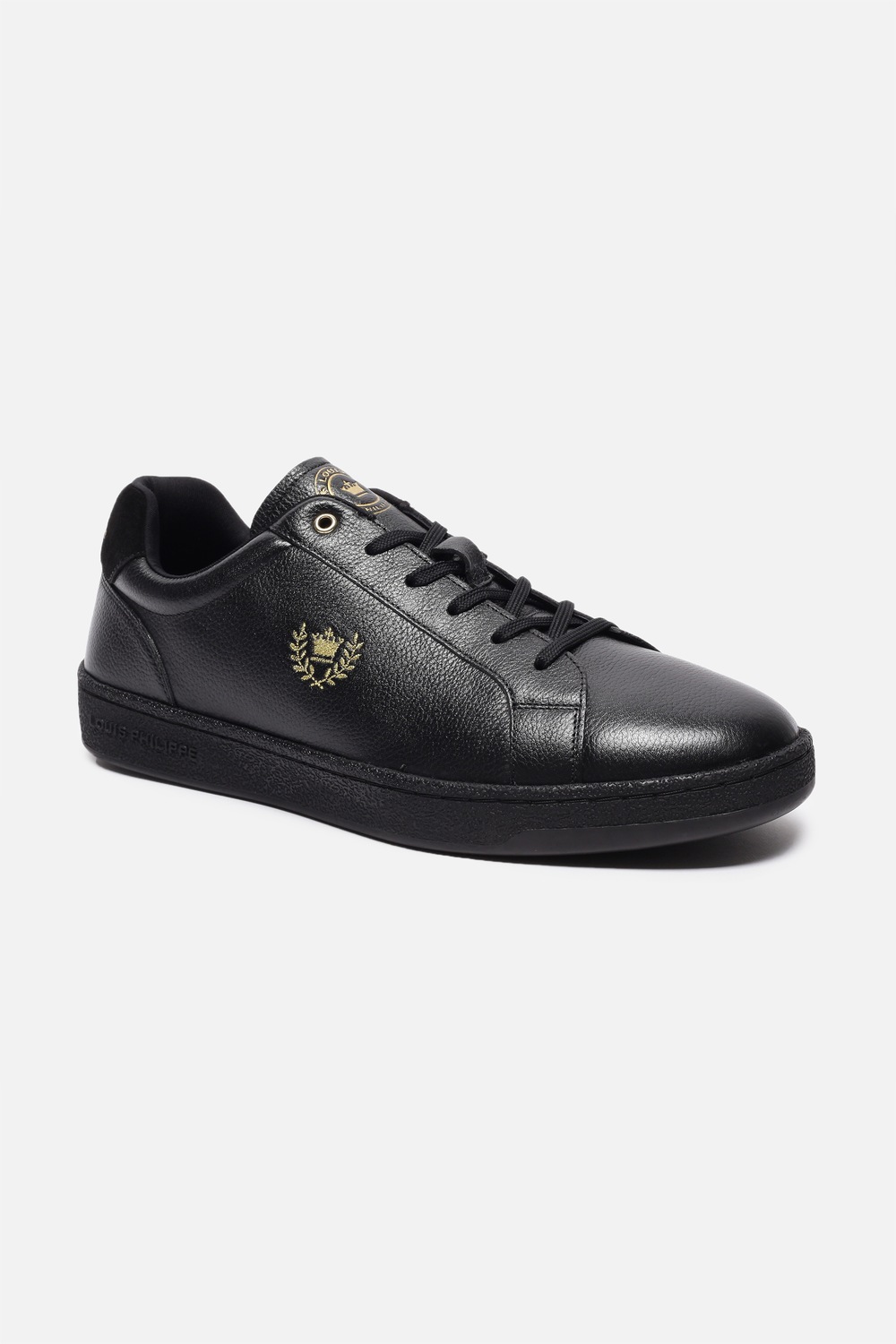 Men Black Leather Sneakers with Gold Crest Embroidery-Black