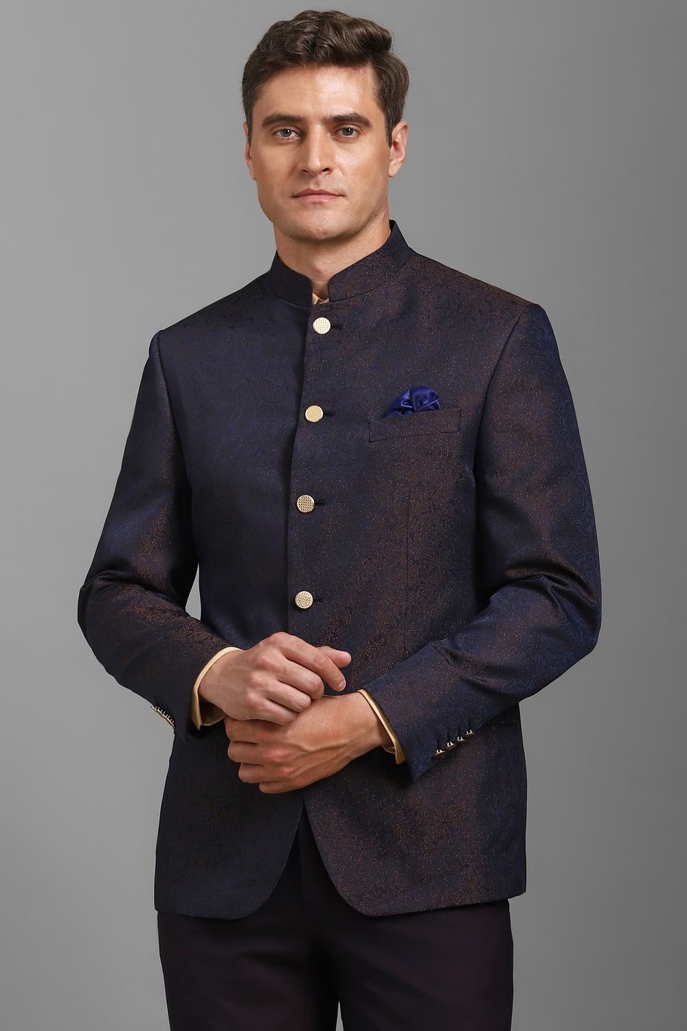 Men Navy Regular Fit Print Formal Blazer-Navy