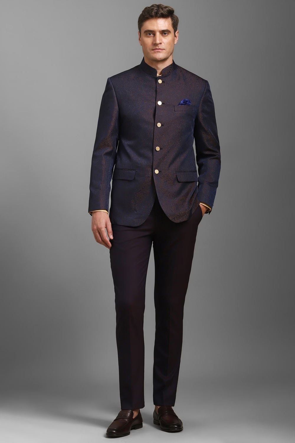 Men Navy Regular Fit Print Formal Blazer-Navy