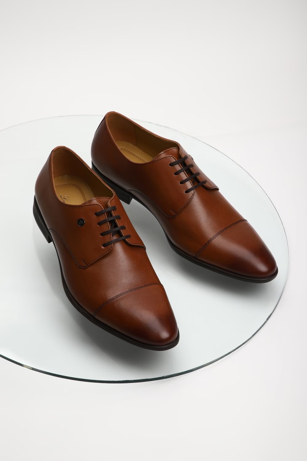 Men Cap toe Derby Leather Tan Lace Up Shoes-Tan