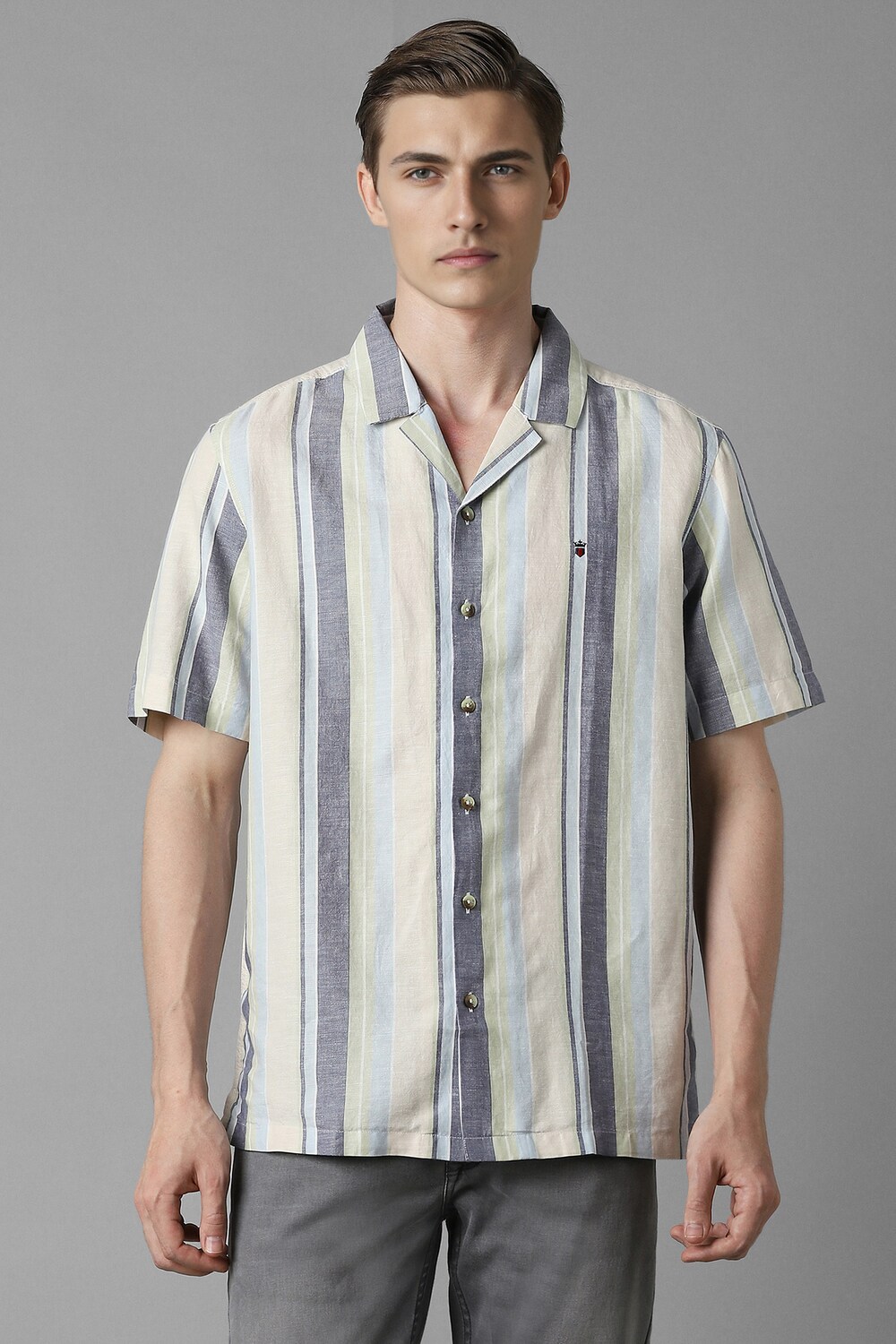 Men Grey Slim Fit Stripe Half Sleeves Casual Shirt-Grey 1 250-men-grey-slim-fit-stripe-half-sleeves-casual-shirt-grey-1.jpg
