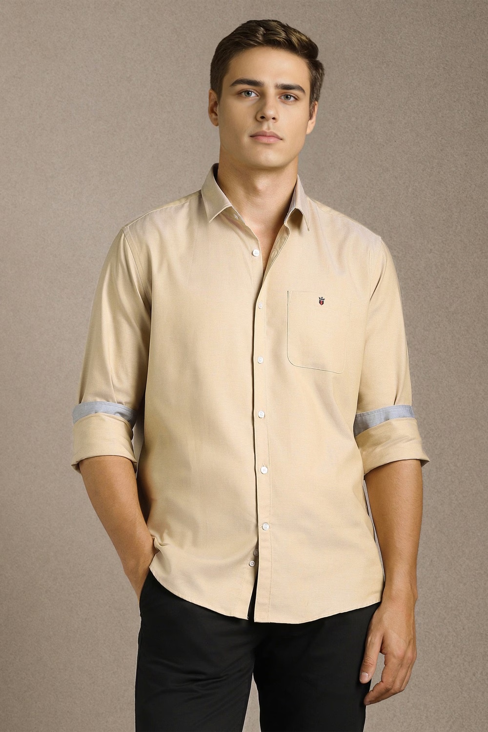 Men Beige Solid Full Sleeves Casual Shirt-Beige