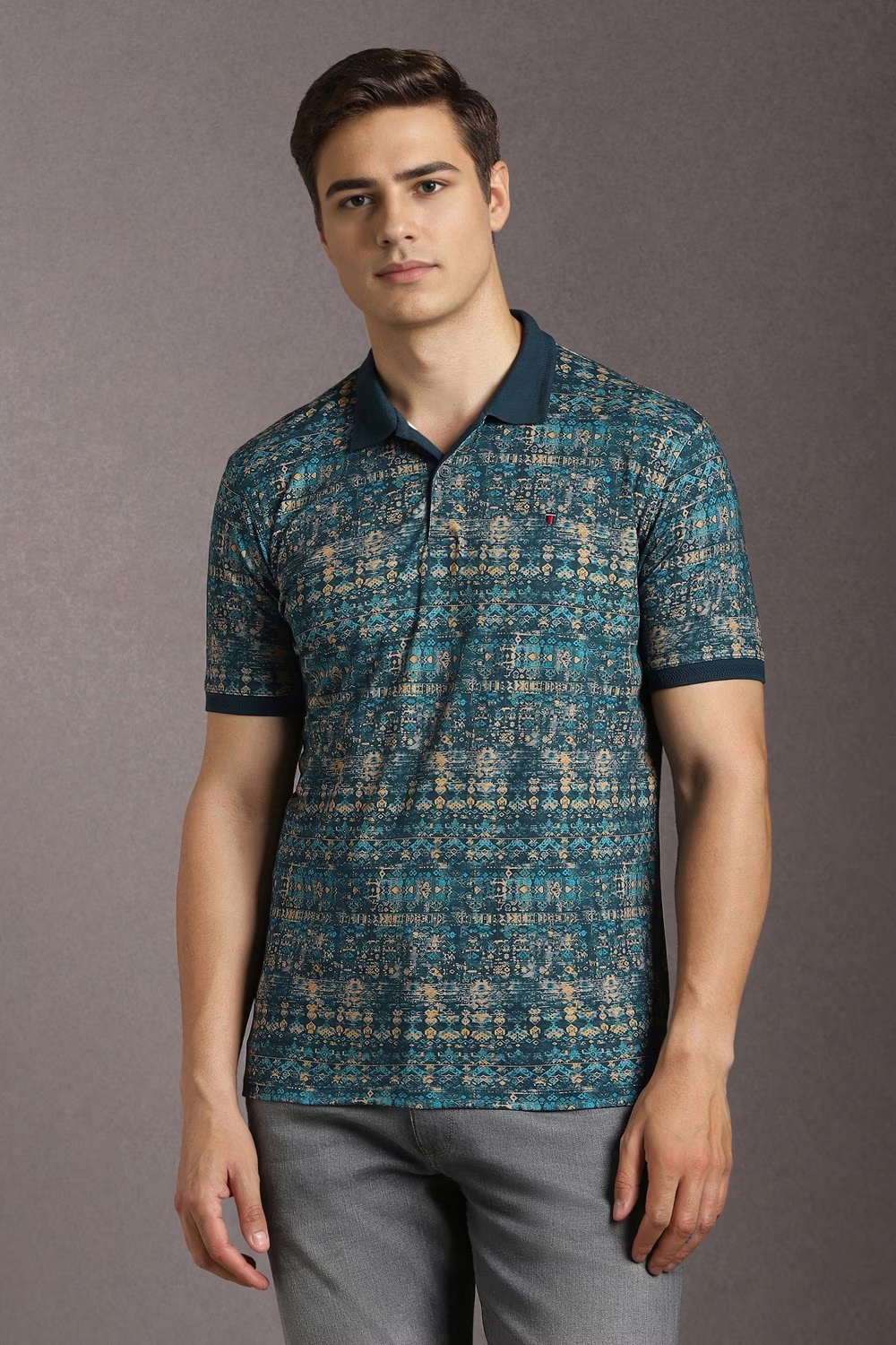 Men Navy Print Polo Neck T-shirt-Navy