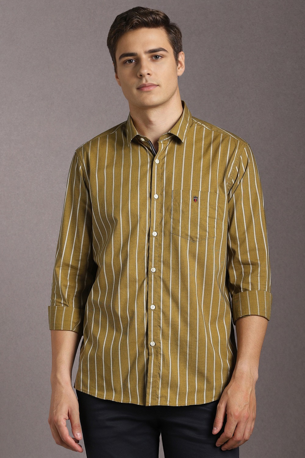 Men Olive Stripe Full Sleeves Casual Shirt-Olive
