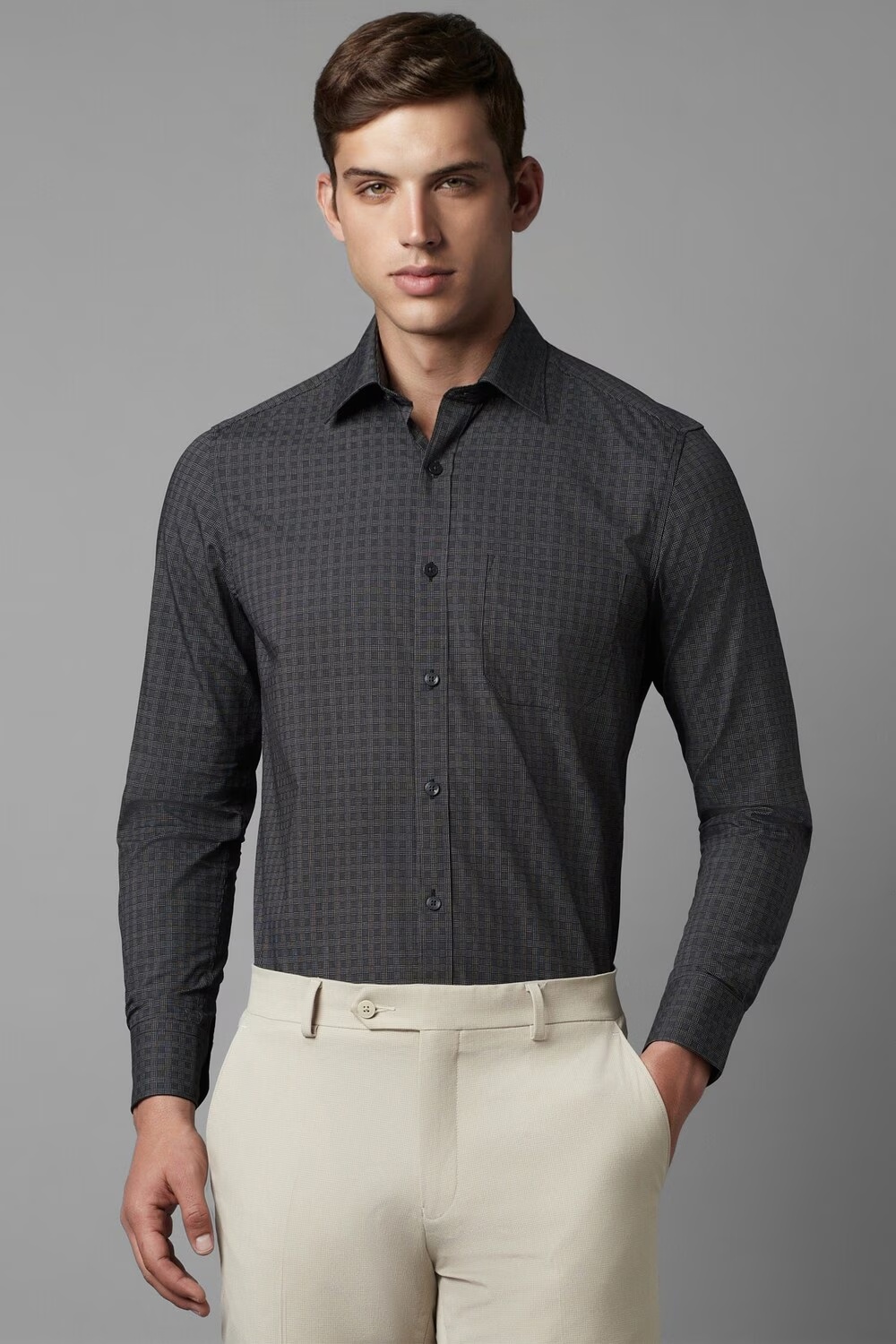 Men Grey Classic Fit Check Full Sleeves Formal Shirt-Grey