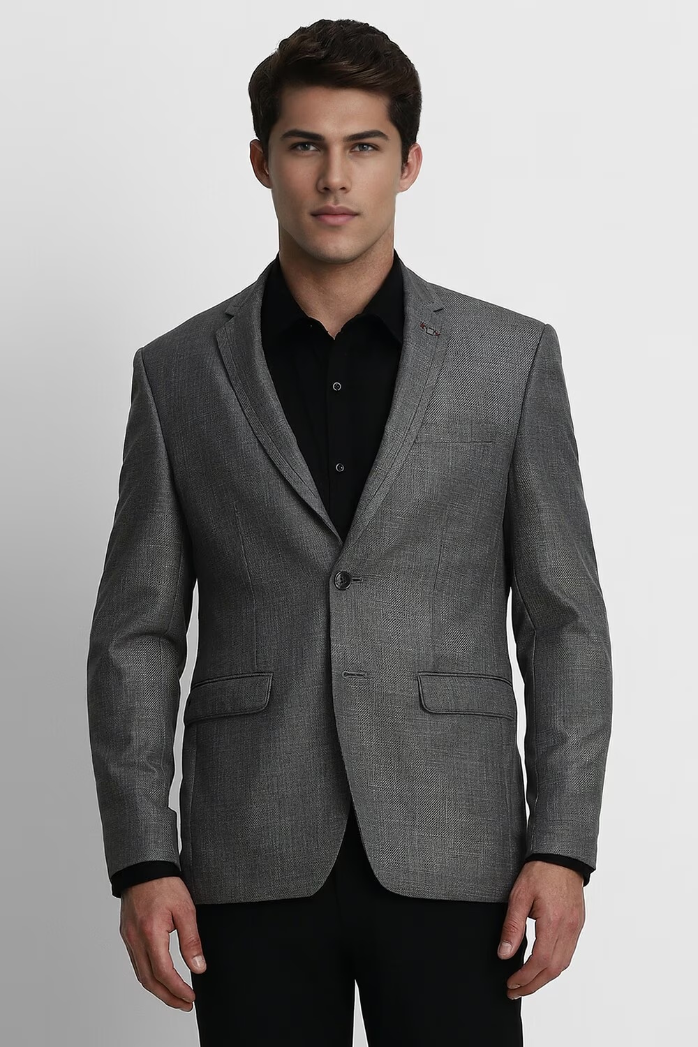 Men Grey Slim Fit Textured Business Casual Blazer-Grey