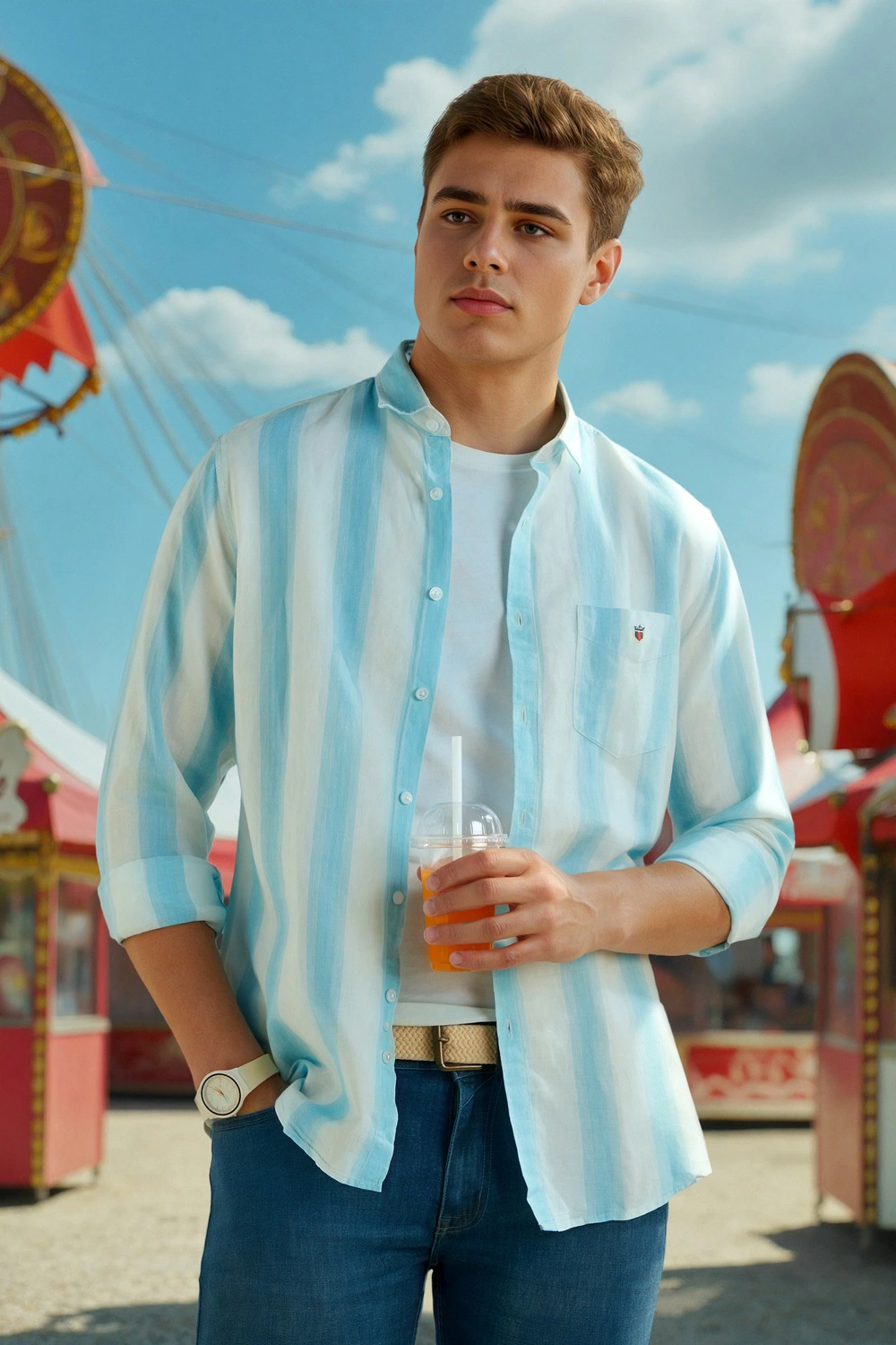 Men Light Blue Slim Fit Stripe Full Sleeves Casual Shirt-Light Blue