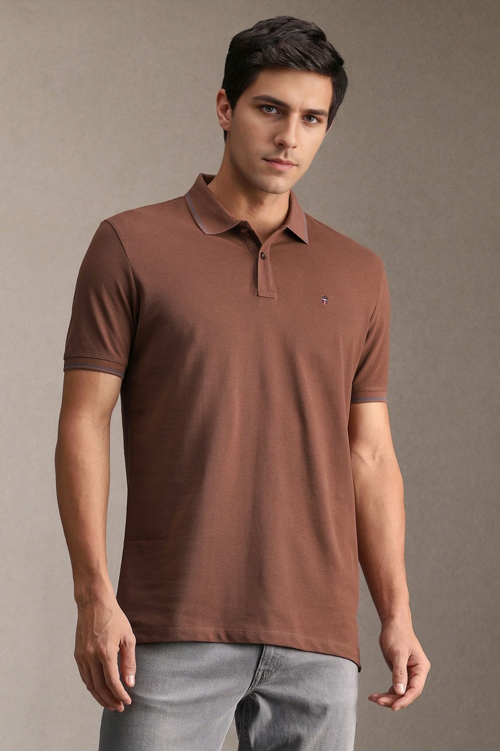 Men Brown Solid Polo Neck T-shirt-Brown