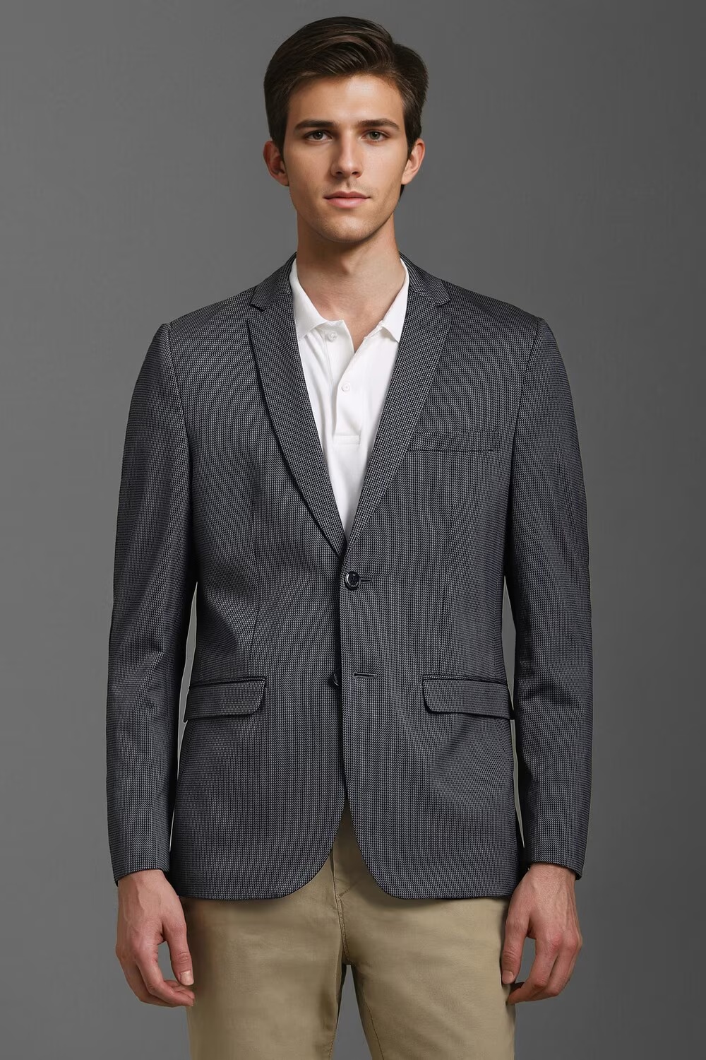 Men Grey Super Slim Fit Textured Casual Blazer-Grey
