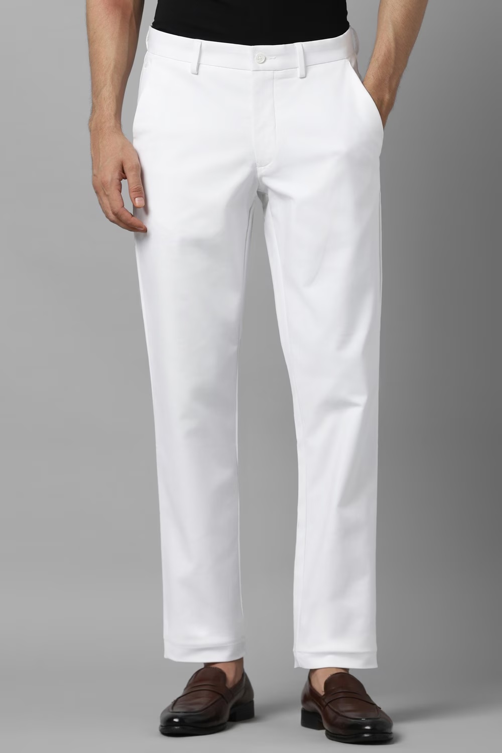 Men White Slim Fit Solid Flat Front Formal Trousers-White