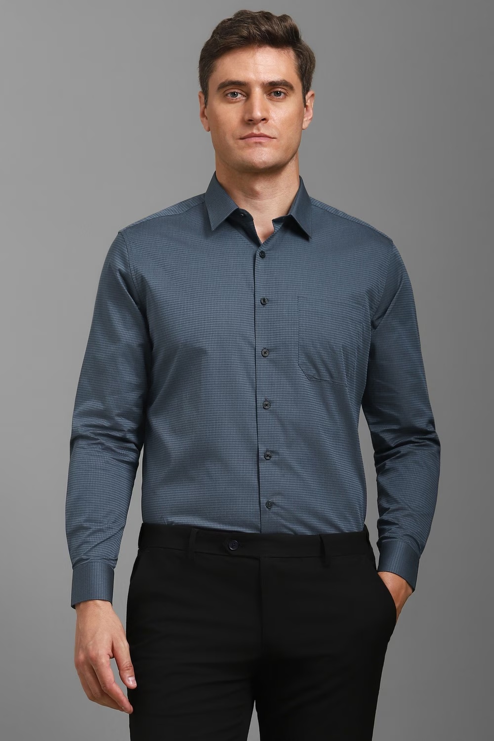 Men Grey Slim Fit Print Full Sleeves Formal Shirt-Grey
