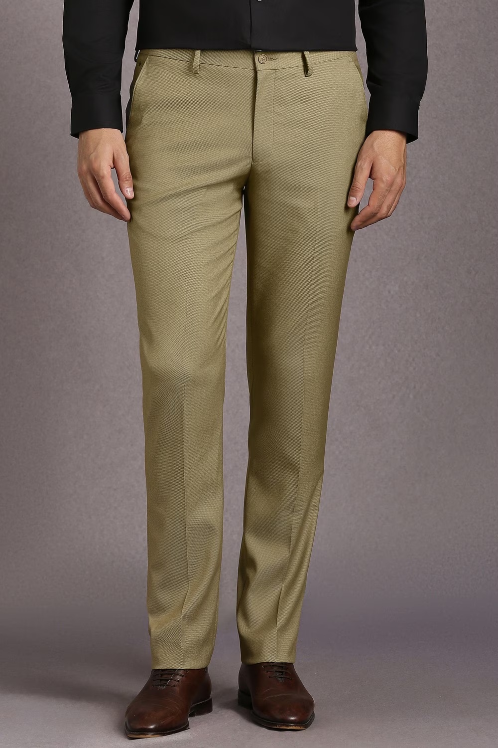 Men Olive Textured Flat Front Formal Trousers-Olive
