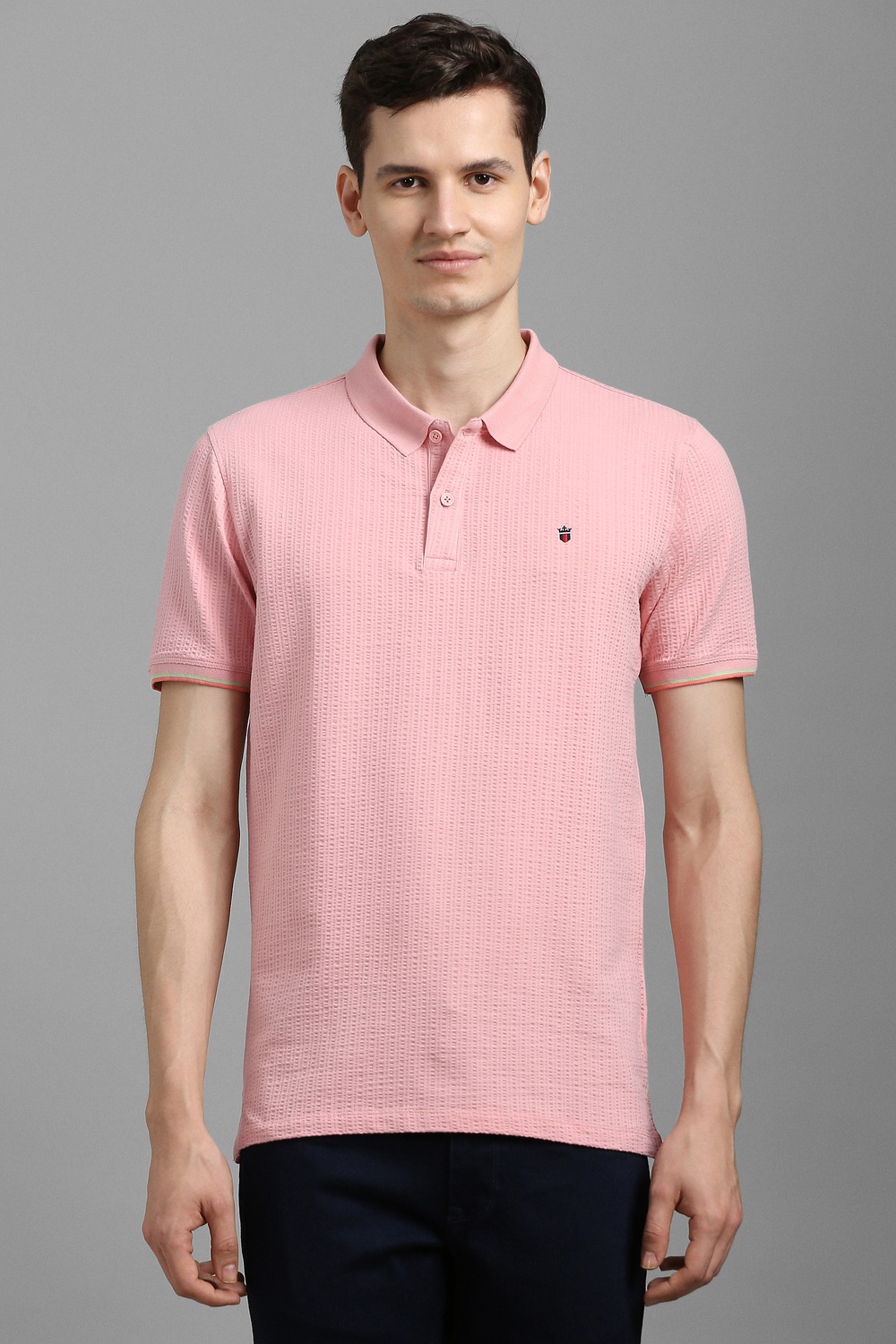 Men Pink Textured Polo Neck T-shirt-Pink