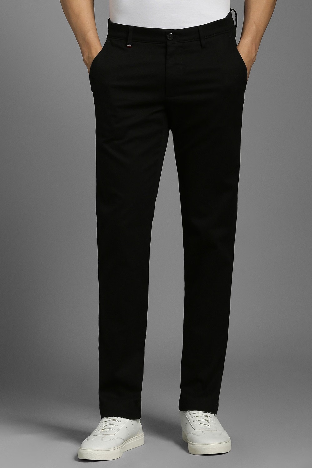 Men Black Textured Flat Front Casual Trousers-Black